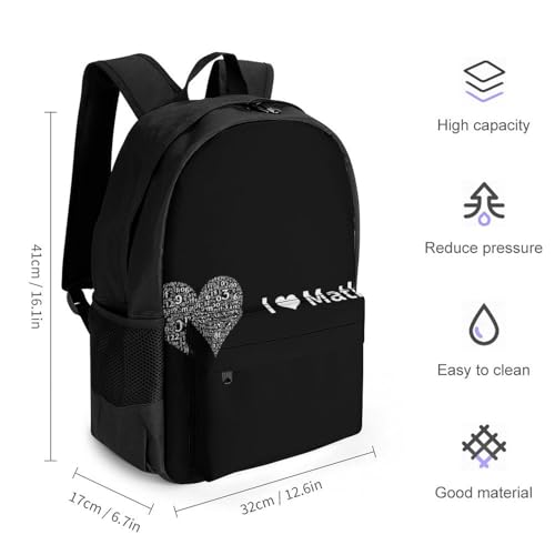 Supdreamc Men Women Polyester I Love Math Heart Black Casual Daypack Large Capacity Carry On Bag With Adjustable Shoulder Straps for Camping Work Running2