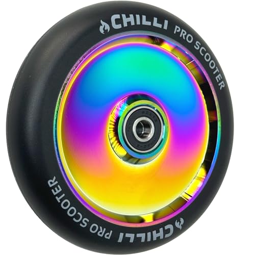 Chilli Pro Scooter Hollowcore Rolle Sondergrösse FAT 120 x 27mm I Rollstuhl Sport Lenkrollen I Hobby Bobbycar Downhill Racing Rennen I Street I Abec 9 Kugellager (Rainbow Neochrome/Pu Schwarz)