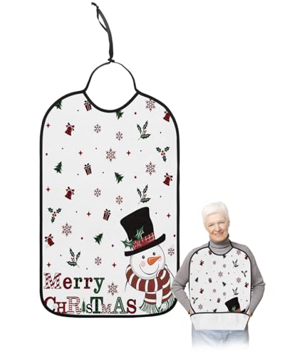 Jolunifun White Snowman Adult Bib for Adults Men, Women, Washable & Adjustable Terry Cloth Bib with Crumb Catcher Reusable Waterproof Clothing Clothes Protector Apron Christmas Bell Gift Snowflake