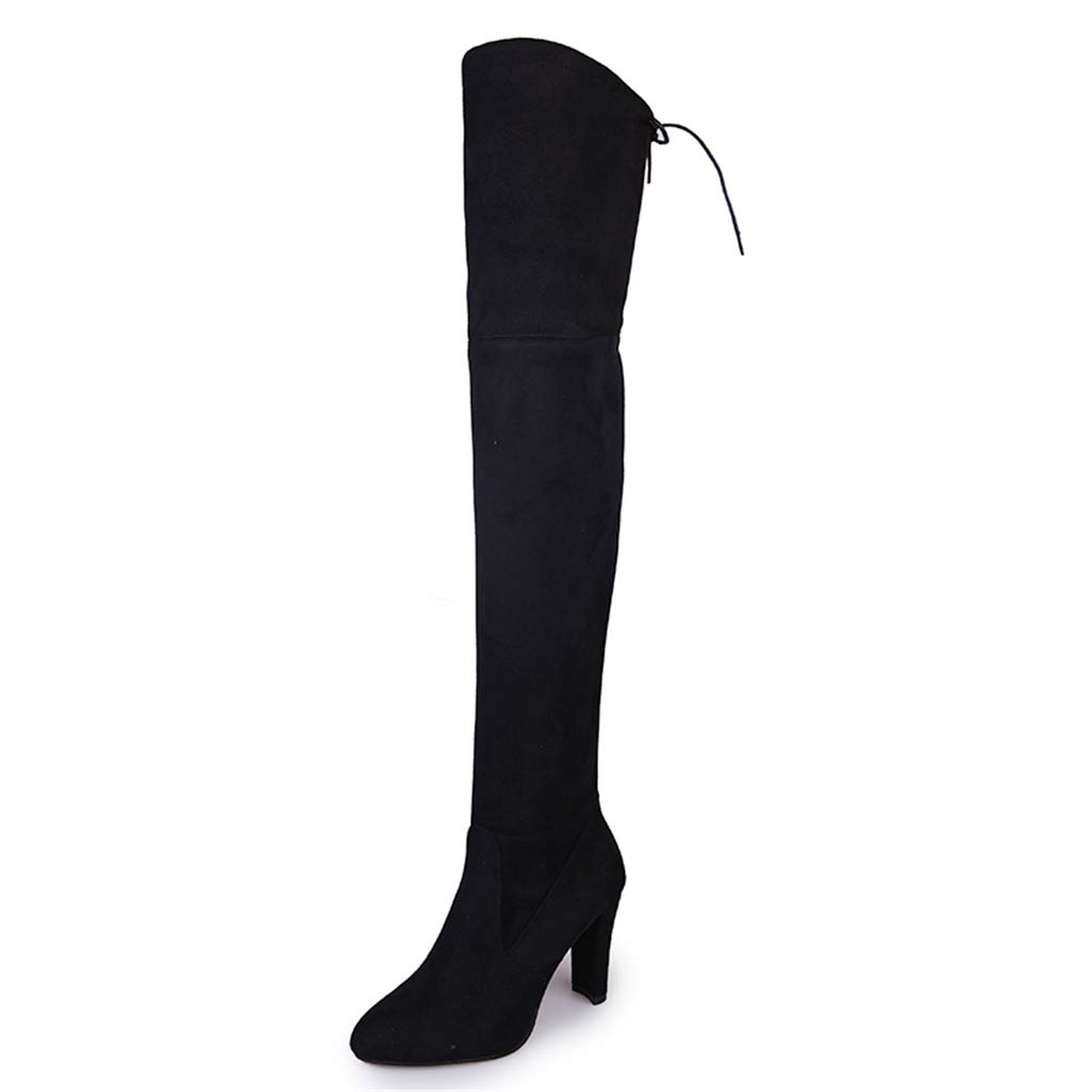 UMore Mujer Elegante Botas Altas Tacón Anchos Botas Muslo Cremallera Botas Altas hasta La Rodilla Talón Grueso Punta Redondeada para Mujer