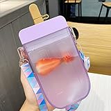 AXLOFO® Cute Water Bottle with Straw - 300 ML Creative Ice Cream Popsicle Cups Adjustable Shoulder Strap for School Girls, BPA Free Kawaii Drinking Bottles (purple)