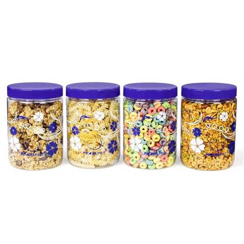 PEARLPET Blossom Jar Plastic Containers for Kitchen Storage | Plastic Container Set | BPA-Free, Stackable Jars | BLUE, 1100ml (Set of 4)