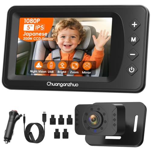 Image of Baby Car Camera USB with No.1 Clarity, 5'' HD 1080P IPS Baby Car Monitor with 3X Zoom, Backseat /Carseat /Rear Seat Camera with Ultra Night Vision, Easy No-Damage Install, S100P(5inch Black)
