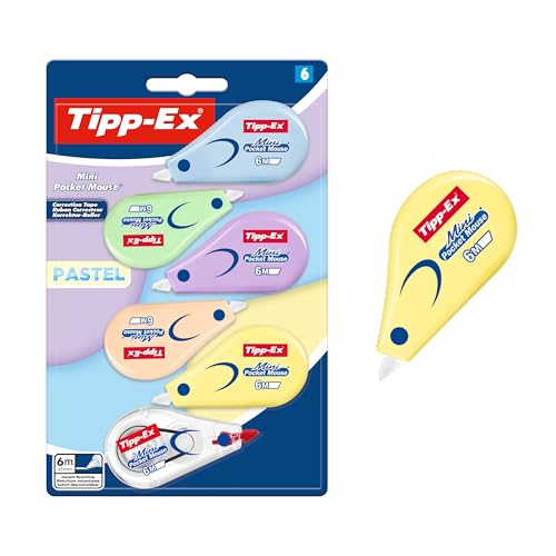 Correttori Tipp-Ex Mini Pocket Mouse Pastel (6 m x 5 mm) - Erogatore disponibile in 5 colori pastello e 1 classico, Confezione da 6
