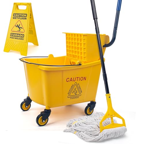 Kefanta 35 Qt Side Press Wringer Combo Commercial Mop Bucket on Wheels Set,Yellow,Include 1 Heavy Duty Industrial Mop for Floor Cleaning and Wet Floor Caution Sign