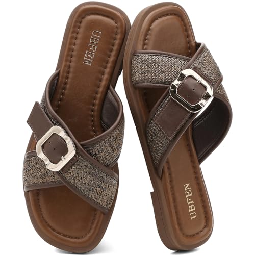 Image of UBFEN Womens Square Toe Flat Sandals Slides Dressy Comfortable for Beach