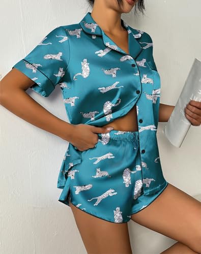 Image of Ekouaer Womens Silk Satin Pajama Set Print Short Sleeve Sleepwear Button Down Pjs Shorts Set Loungewear