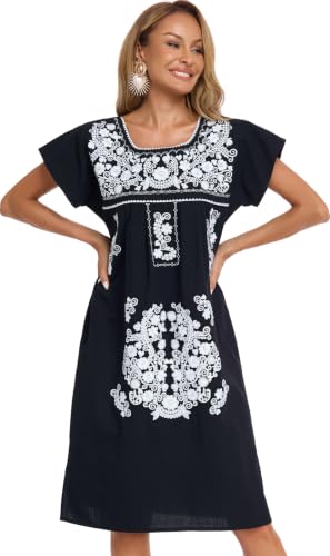 Image of YZXDORWJ Women Mexican Embroidered Long Dress Ruffle Collar Maxi Boho Floral Summer Short Sleeve