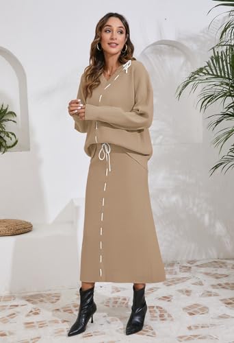 Pink Queen 2025 Women's 2 Piece Sweater Set V Neck Rib Knit Long Sleeve Maxi Bodycon Skirt Casual Outfits3