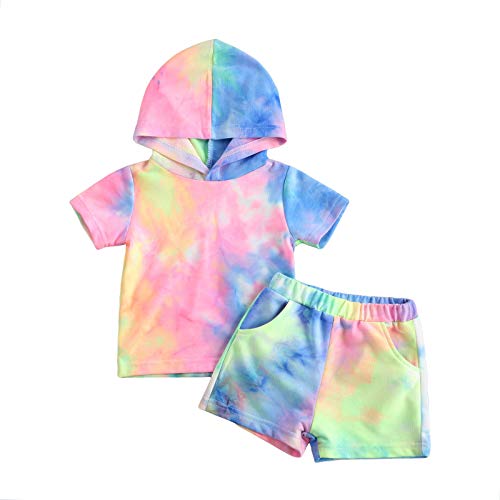 pengnight Toddler Baby Girl's 2 Piece Outfit Short Sleeve Tee Tie Dye Hoodie Shorts Set Loungewear Workout Summer Clothes (Blue, 12-18M)