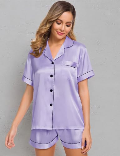 Image of SWOMOG Womens Silk Satin Pajamas Set Short Sleeve Sleepwear Button Down Top and Shorts Loungewear 2 Piece Pjs Set XS-3XL