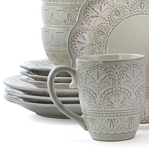 Elama WHITE LACE Elegant Round Embossed Stoneware High Class Dinnerware Dish Set thumb #2