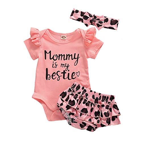 Newborn Baby Girls Clothes Mommy Saying Top Printed Romper Leopard Shorts Skirts+Headband Outfit Set (6-12 Months, Mommy's Bestie)