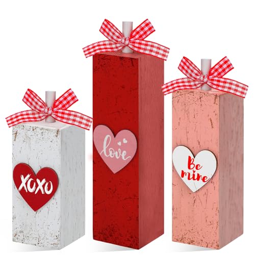 Redbaker 3pcs Valentine's Day Table Centerpieces Valentines Office Decor Wooden Block Sign Be Mine Love Table Decorations Rustic Farmhouse Red Pink Heart Tiered Tray Decor for Home Office Mantel Desk