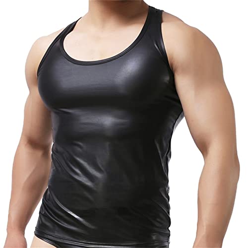Mens Corset Vest Leather Shirt Faux Tank Top Sexy Lingerie Rave Sleeveless Metallic Undershirts4