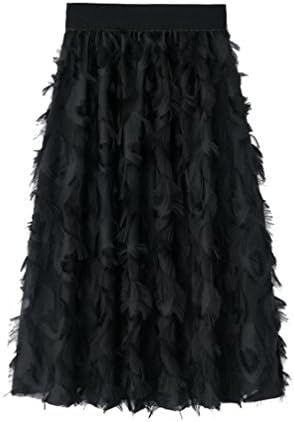 Women's Elegant Retro Elastic Waist Band Faux Feather Stitching Pleated Big Swing Maxi Skirt (Black, One Size)