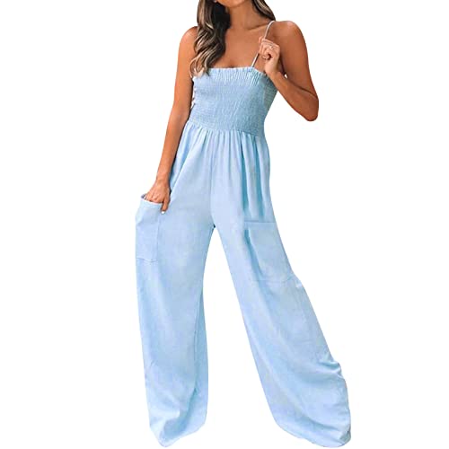 Mono sexy para mujer, de encaje, suelto, informal, con cuello en V, sin mangas, tirantes delgados ajustables, una pieza, harén, pantalones largos, con bolsillos, mono casual para mujer, azul claro, S