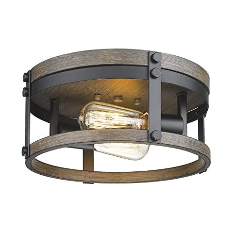 Osimir 2-Light Farmhouse Flush Mount Ceiling Light, 12 inch Kitchen Ceiling Light, Round Rustic Light Fixtures with Black & Wood Grain Finish for Entryway Hallway, OS-3016BK Cover