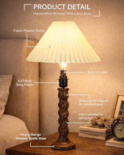 Image of Homesake Classic Twister Wooden Table Lamp with Shade | Handcrafted Bedside Lamp, E27 Holder| Bulb Included |Warm Light Night Lamp, Bedroom, Living Room, Study & Home Decor, (Pleated Off-White)