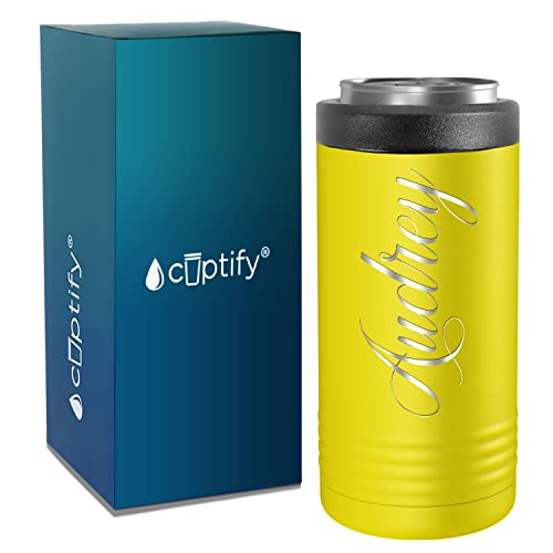 Personalized Skinny Can Cooler Custom Double-Walled Stainless Steel Vacuum Insulated Yellow for 12 oz Slim Can, Energy Drinks and Hard Seltzers