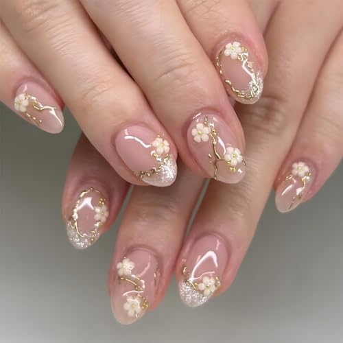 Ceriselle Ongles à Presser Courts, 24 Pièces Ongles Press On Fleur Rose & Ongles Artificiels, Ongles Faux Amande avec Design de Fleurs Printanières, Ongles Art Complet pour Femmes