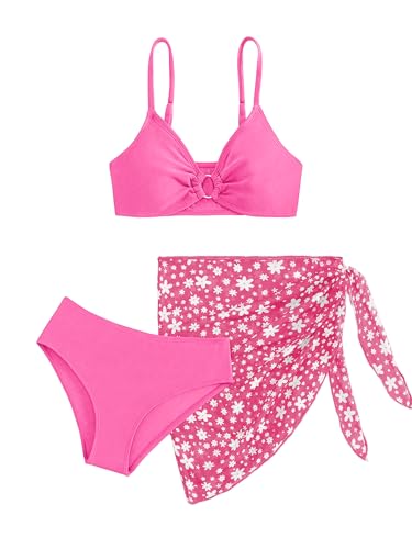 COZYEASE Conjunto de bikini de 3 piezas para niña, estampado floral, sin varillas, con falda de playa, Rosa encendido, 11 años