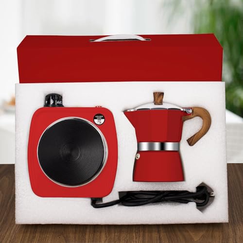 Image of 2-in-1 Moka Pot Espresso Set with Electric Stove 3 Cup Aluminum Stovetop Coffee Maker Percolator Italian Classic Mocha Coffee Machine for Italian and Cuban Cafe Brewing Portable Camping Red