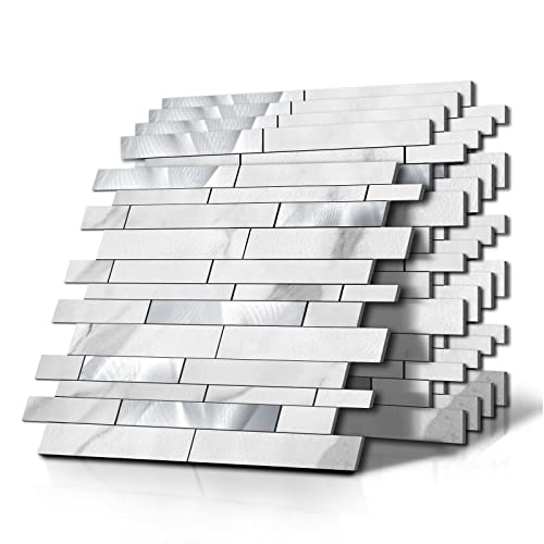 Yooker Peel And Stick Faux White Marble Aluminum Metal Stick Backsplash Tile For Kitchen & Bathroom (5 Sheets, White) #TOP21