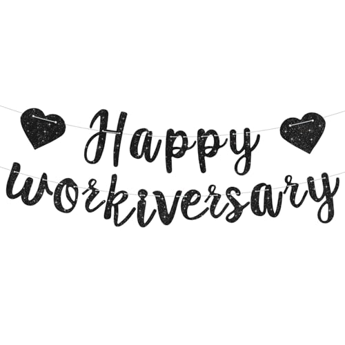 RICHHHA Black Glitter Happy Workiversary Banner - NO DIY -Black Work Anniversary Decorations Pre-Strung -Sign Bunting for Work Party Office Party Theme Decoration Sign