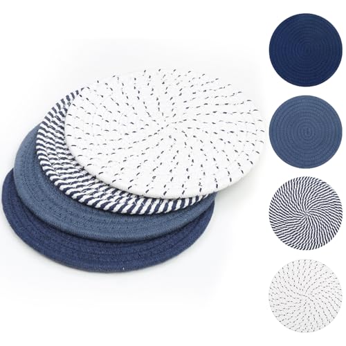SHACOS 8 Inches Trivets for Hot Dishes, 4 Pieces Cotton Trivets Mats for Kitchen, Hot Pads for Countertops and Table, Heat-Resistant Pot Holders for Hot Pots and Pans(Blue, 4pcs) by SHACOS - Used condition - US$8.64