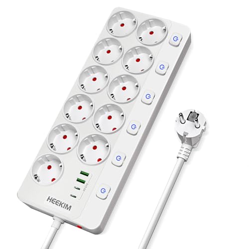 Regleta Enchufes USB, Regleta 4000W 16A con 11 Toma de Corriente y 2 USB-A y 2 USB-C...