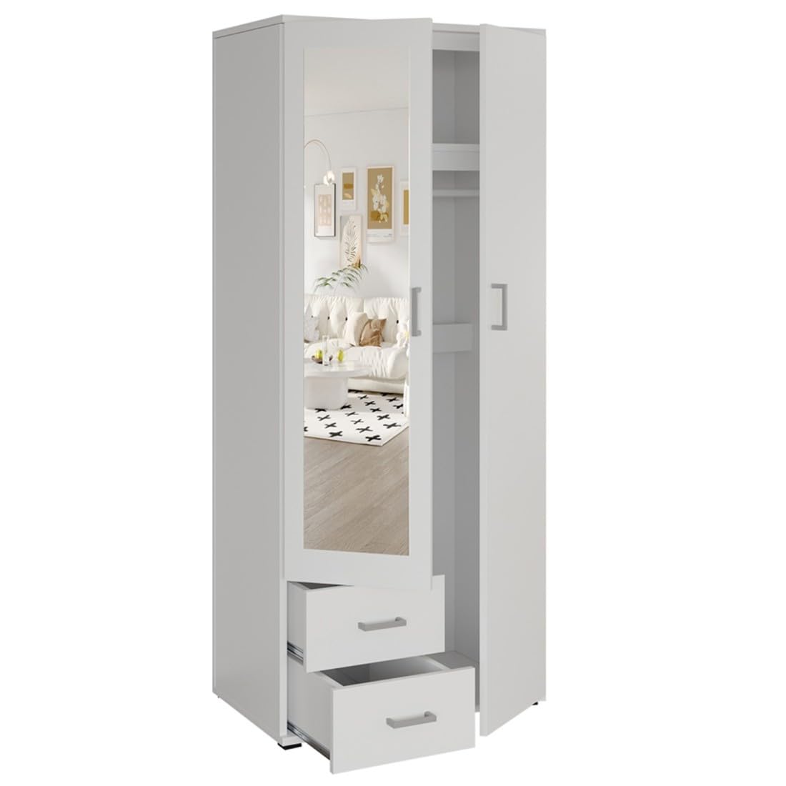 Armadio a 2 ante con specchio TOM - Dimensioni H185 x L80 x P52 cm - Colore Bianco - Stile Design