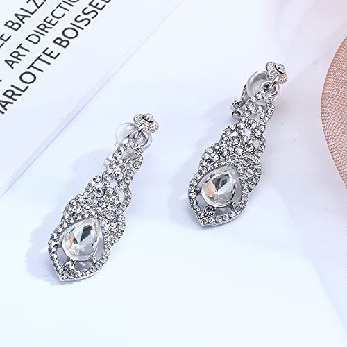 Thunaraz 4 Pairs Elegant Clip On Earrings For Women Crystal Teardrop Wedding Earrings Clip On Rhinestone Formal Chandelier Dangle Earrings For Brides Bridesmaids Non Pierced Jewelry #TOP4