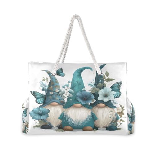 Large Beach Bags Totes Canvas Tote Shoulder Bag Butterfly Blue Flower Gnome Water Resistant Bags for Gym Travel Daily2