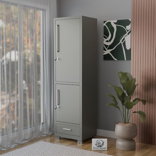 STEEL VALLEY Metal Almirah Cabinet with 2 Doors and 1 Drawer, Grey (Grey)