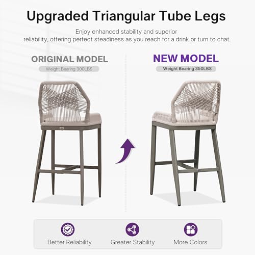 Image of PURPLE LEAF Bar Stools Set of 4 Outdoor Bar Height Metal Tall Chairs Modern Wicker Woven High Barstools 30 inch with Back Patio Dining Bar Stool Chairs