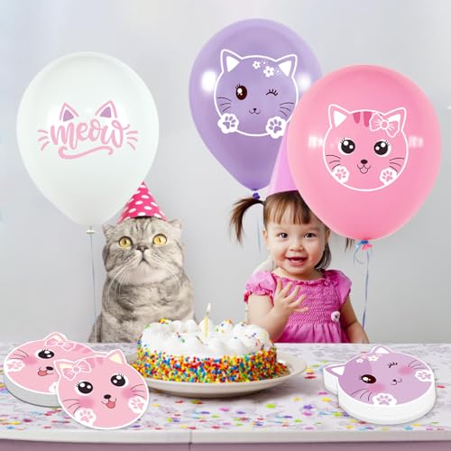 Serviettes en papier chat pour anniversaire enfant et fête - Lot de 100 roses et violettes 16,5cm