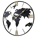 SCOAGE 24 Inch Mid Century Large Metal Wall Clock Battery Operated Big World Map Golden Roman Numerals Silent Aesthetic Oversized Analog Wall Clocks Vintage Decor for Bedroom Farmhouse Kitchen Mantle