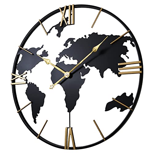 SCOAGE Large Wall Clock for Living Room, World Map Roman Numeral, 24''