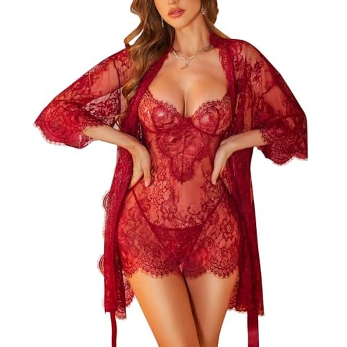 RSLOVE Lingerie Sets for Women Sexy - 3 Piece Babydoll Lace Kimono Robe Chemise Nightwear Exotic Sleepwear Mesh Nightgown Small Wine Red