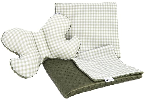Medi Partners Juego de Manta para bebé 3en1 100% Algodón Manta de Gateo Minky 55x75 + Almohada Plana de 35x30cm y Almohada antichoque Mariposa
