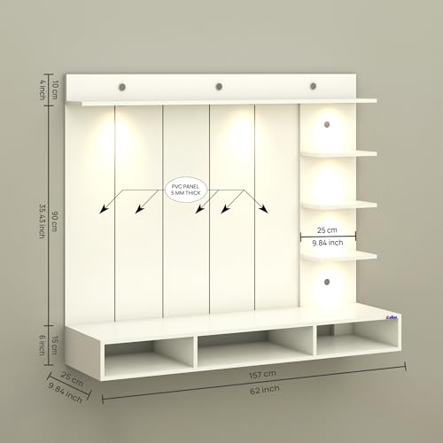Image of Anikaa Tyron Engineered Wood Wall-Mount TV Unit with PVC Back Panel & LED Lights | TV Cabinet with Storage Box & Decorative Shelves (White) | Ideal for TVs up to 55 Inch | DIY Installation