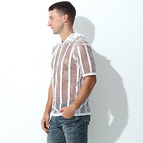 Evankin Mens Sexy Stripe Fishnet Hoodies See Through Mesh Short Sleeve T-Shirt Sheer Muscle Pullover4