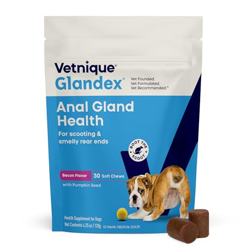 Image of Vetnique Glandex Anal Gland Soft Chew Treats with Pumpkin for Dogs Digestive Enzymes, Probiotics Fiber Supplement for Dogs Boot The Scoot (Bacon Flavor Chews, 30 Count)