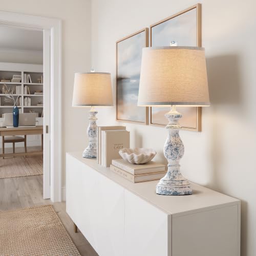 Image of PARTPHONER Traditional Table Lamp Set of 2, Rustic Farmhouse Table Lamps for Living Room Bedroom, 27 inch Bedside Desk Lamps Vintage Nightstand Lamps with Linen Shades, Washed Blue