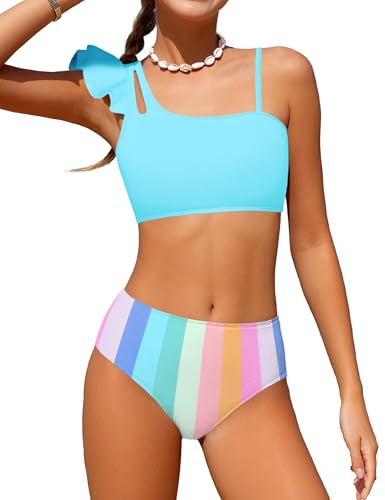 Doumlop Girls Bikini Set Size 6 Ruffle Bathing Suit for Girls with Adjustable Straps Light Blue Colorful Striped Kids Swimsuit Size 5-6