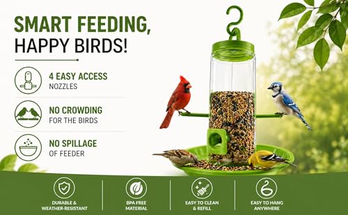 Image of PuraMart Hanging Bird Feeder for Garden, Balcony (1 Litre) | Bird Food Dispenser | 4 Feeding Ports | 360 Perch | Weatherproof Bird Feeding Station | Indoor & Outdoor Use (Feeder(Pack of 2))