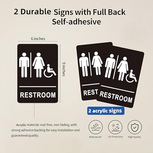 Image of (2 Pack) Restroom Signs - Acrylic Restroom Sign for Business with Strong Self-Adhesive, Bathroom Door Signs for Home Office or Wall, Waterproof and Easy to Install (9 x 6 Inches Unisex)