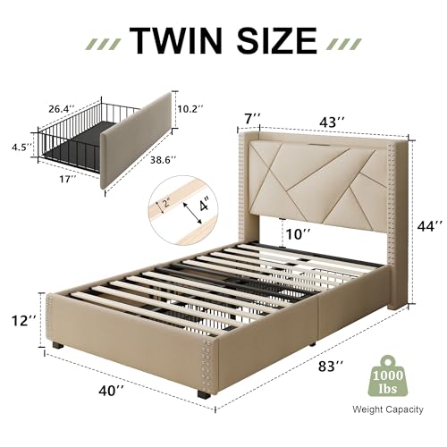 Feonase Upholstered Storage Bed Frame Twin Size with 4 Drawers, Platform Bed with Charging Station & Wingback Headboard, Solid Wood Slats Support, Beige