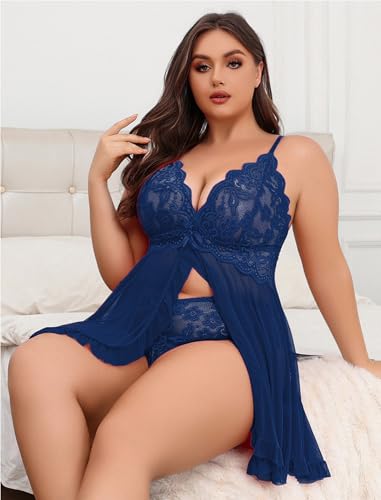 Image of Avidlove Plus Size Lingerie for Women Sexy Lingerie Dress Lace Babydoll Lingerie V-Neck Open Front Strap Nightdress